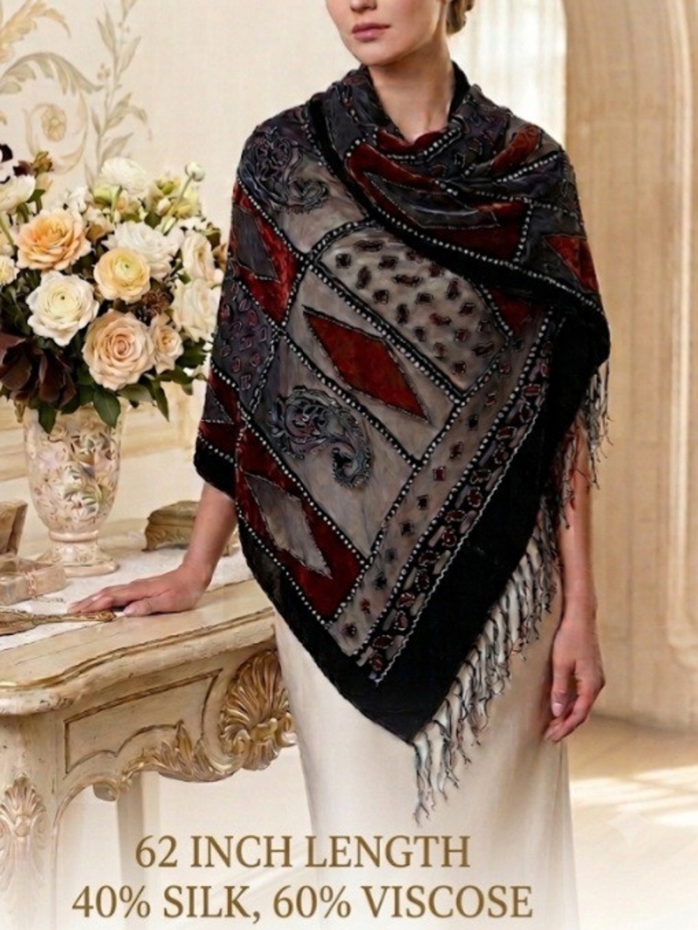 Vintage Silk Velvet Burnout Shawl Devore Paisley Fringe Scarf Wrap 62x20